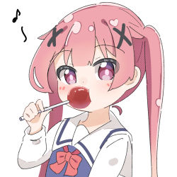 Rule 34 | 1girl, blue dress, blush, bow, candy, commentary, dress, eating, eighth note, food, hair ornament, hand up, highres, holding, holding food, kapuru 0410, lollipop, long hair, long sleeves, looking at viewer, musical note, oversized food, oversized object, pink hair, purple eyes, red bow, school uniform, shirt, simple background, sleeveless, sleeveless dress, solo, tanemura koyori, twintails, upper body, watashi ni tenshi ga maiorita!, white background, white shirt, x hair ornament