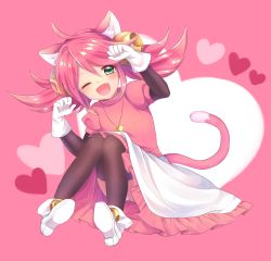 Rule 34 | 1girl, absurdres, animal ears, bell, boots, cat ears, cat tail, gloves, green eyes, highres, jingle bell, long hair, mad mew mew, magical girl, pink hair, pink ribbon, puffy short sleeves, puffy sleeves, ribbon, short sleeves, skirt, smile, solo, tail, undertale, white footwear, white gloves, wink