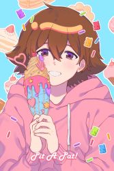 Rule 34 | 1boy, alternate costume, blush, brown eyes, brown hair, cake, commentary, creatures (company), food, game freak, grin, hair between eyes, hands up, head tilt, highres, hilbert (pokemon), holding, hood, hoodie, long sleeves, looking at viewer, male focus, nintendo, outline, p (flavorppp), pink hoodie, pokemon, pokemon bw, smile, solo, symbol-only commentary, upper body