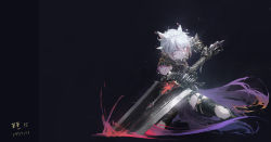 Rule 34 | 1girl, absurdres, warrior of light (ff14), blue eyes, dark knight (final fantasy), dated, final fantasy, final fantasy xiv, greatsword, highres, holding, holding sword, holding weapon, iridescent-usee, looking at viewer, miqo&#039;te, multicolored hair, short hair, solo, streaked hair, sword, weapon, white hair