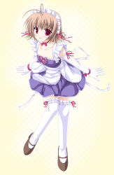 Rule 34 | 1girl, antenna hair, blush, brown footwear, brown hair, choker, collarbone, dress, elbow gloves, frilled thighhighs, frills, full body, gloves, knees together feet apart, light brown hair, looking at viewer, maid, maid headdress, original, purple dress, red eyes, shoes, simple background, solo, standing, standing on one leg, tenmaso, thighhighs, white gloves, white thighhighs, yellow background, zettai ryouiki