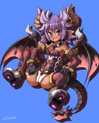 Rule 34 | 1girl, blue background, dark skin, dark-skinned female, garoudo (kadouhan&#039;i), horns, looking at viewer, open mouth, purple hair, simple background, smile, solo, spread legs, tail, thighhighs