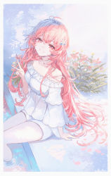 Rule 34 | 1girl, absurdres, arm support, bare shoulders, breasts, commentary, english commentary, flower, frilled shirt, frills, grin, hair between eyes, hair flower, hair ornament, hand up, highres, long hair, long sleeves, looking at viewer, mito itsuki, off-shoulder shirt, off shoulder, original, petals, red eyes, red flower, red hair, shirt, short shorts, shorts, small breasts, smile, soaking feet, solo, strap slip, v, very long hair, water, white flower, white shirt, white shorts, wide sleeves, yellow flower