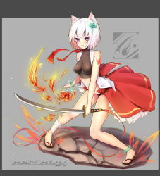 Rule 34 | 1girl, absurdres, artist name, bare shoulders, belt, breasts, cat, dated, facial mark, fire, flower, full body, green flower, hair flower, hair ornament, highres, holding, holding sword, holding weapon, katana, looking at viewer, medium breasts, original, purple eyes, renroujiang, solo, standing, sword, tattoo, weapon, white hair
