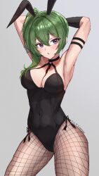 Rule 34 | 1girl, absurdres, animal ears, armpits, arms behind head, between breasts, black gloves, blush, breasts, cleavage, covered navel, fishnet pantyhose, fishnets, gloves, green hair, grey background, hair between eyes, highres, leotard, long hair, pantyhose, parted lips, playboy bunny, purple eyes, rabbit ears, side ponytail, simple background, solo, sousou no frieren, tententempe, ubel (sousou no frieren)