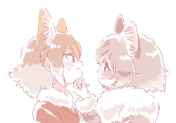 Rule 34 | 10s, 2girls, animal ears, blush, borrowed character, cat ears, commentary, czechoslovakian wolfdog (kemono friends) (kitsunetsuki itsuki), dog ears, fictional persona, fur collar, fur trim, grey hair, hand on another&#039;s chin, highres, kemono friends, light brown hair, long sleeves, mitsumoto jouji, multicolored hair, multiple girls, norwegian forest cat (kemono friends) (mitsumoto jouji), original, portrait, short hair, stroking another&#039;s chin, sweatdrop, white hair
