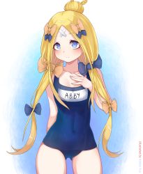Rule 34 | 1girl, abigail williams (fate), absurdres, bandaid, bandaid on face, bandaid on forehead, bare shoulders, black bow, blonde hair, blue eyes, blue one-piece swimsuit, blush, bow, breasts, closed mouth, collarbone, crossed bandaids, fate/grand order, fate (series), forehead, hair bow, hair bun, hand on own chest, highres, huge filesize, kishita yuu, long hair, looking at viewer, multiple bows, name tag, one-piece swimsuit, orange bow, parted bangs, single hair bun, small breasts, solo, swimsuit, thighs