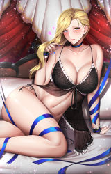 Rule 34 | 1girl, absurdres, arm support, ass, azur lane, babydoll, blonde hair, blue eyes, blue ribbon, blush, breasts, check commentary, cleavage, commentary request, heart, highres, hood (azur lane), huge filesize, kome cola, large breasts, legs, looking at viewer, midriff, nail polish, navel, partial commentary, ribbon