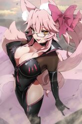 Rule 34 | 1girl, animal ear fluff, animal ears, black bodysuit, bodysuit, bow, breasts, center opening, choker, cleavage, fate/grand order, fate (series), fox ears, fox girl, fox tail, glasses, hair between eyes, hair bow, highres, hip vent, koyanskaya (assassin) (first ascension) (fate), koyanskaya (fate), large breasts, long hair, looking at viewer, open mouth, pink bow, pink hair, ponytail, sidelocks, smile, solo, tail, tamamo (fate), thighs, toyosu, yellow eyes