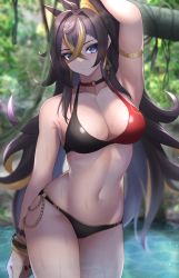 Rule 34 | 1girl, absurdres, arm up, armlet, armpits, bare arms, bare shoulders, bikini, black bikini, black hair, blue eyes, breasts, cleavage, commentary request, cowboy shot, dehya (genshin impact), earrings, genshin impact, hair between eyes, hair intakes, highres, jewelry, kirima (user danf8787), large breasts, long hair, looking at viewer, navel, outdoors, pointy ears, red bikini, solo, standing, stomach, swimsuit, thighs, two-tone bikini, very long hair, water