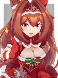 Rule 34 | 1girl, :d, absurdres, animal ears, blush, breasts, brown hair, cleavage, daiwa scarlet (scarlet nuit etoile) (umamusume), daiwa scarlet (umamusume), dress, ear covers, fang, fur-trimmed dress, fur trim, gloves, hair between eyes, hair intakes, highres, horse ears, horse girl, houton tamago, index finger raised, jewelry, large breasts, long hair, looking at viewer, necklace, official alternate costume, open mouth, red dress, red eyes, red gloves, single ear cover, sleeveless, sleeveless dress, smile, solo, tiara, umamusume, upper body