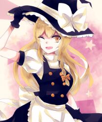 Rule 34 | 1girl, apron, aridamikannn, back bow, black gloves, black hat, black skirt, black vest, blonde hair, bow, braid, breasts, cowboy shot, frilled apron, frills, gloves, hand on headwear, hat, hat bow, hat ribbon, kirisame marisa, large bow, large hat, long hair, looking at viewer, medium breasts, one side up, open mouth, pink background, puffy short sleeves, puffy sleeves, ribbon, shirt, short sleeves, simple background, single braid, skirt, skirt set, solo, star (symbol), touhou, turtleneck, vest, waist apron, white apron, white bow, white ribbon, white shirt, witch hat, yellow eyes