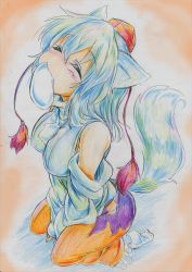 Rule 34 | 1girl, absurdres, animal ears, bad id, bad pixiv id, bare shoulders, blush, breasts, colored pencil (medium), detached sleeves, closed eyes, fang, food, hat, hat ribbon, highres, inubashiri momiji, kitazinger, large breasts, long sleeves, mouth hold, ribbon, shirt, silver hair, sitting, skirt, solo, tail, tokin hat, touhou, traditional media, v arms, wariza, wide sleeves, wolf ears, wolf tail