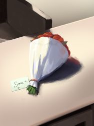 Rule 34 | absurdres, bouquet, character name, counter, desk, flower, highres, hololive, hololive english, no humans, rose, sseldne, virtual youtuber