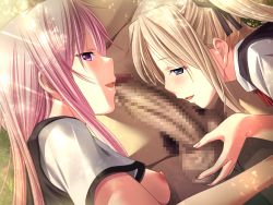 Rule 34 | 2girls, :d, black ribbon, blonde hair, breasts, censored, clothed female nude male, dutch angle, game cg, hair ribbon, imminent fellatio, long hair, m&amp;m, male pubic hair, medium breasts, minami isuka, mosaic censoring, multiple girls, neck ribbon, nipples, nude, official art, open mouth, penis, pink hair, pubic hair, red ribbon, ribbon, saint estera gakuin no shichinin no majo, shirt, short sleeves, smile, testicle grab, testicles, twintails, white shirt, yudate doris