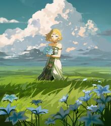 Rule 34 | 1girl, absurdres, armlet, bare shoulders, blonde hair, blue flower, blue sky, bouquet, braid, chinese commentary, circlet, cloud, cloudy sky, collar, collarbone, commentary request, crown braid, day, dress, field, flower, grass, green eyes, highres, holding, holding bouquet, horizon, landscape, looking at viewer, molianmengdada, nintendo, outdoors, pendant collar, pointy ears, princess zelda, scenery, short hair, simple bird, single braid, sky, smile, solo, standing, strapless, strapless dress, the legend of zelda, the legend of zelda: tears of the kingdom, white dress, wide shot