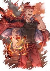 Rule 34 | 1boy, absurdres, alternate costume, ayacho, ball, black shirt, blouse, closed eyes, contemporary, fangs, feet out of frame, fire, granblue fantasy, highres, holding, holding ball, holding whistle, jacket, jacket on shoulders, long hair, male focus, multicolored hair, muscular, muscular male, open mouth, pants, red hair, red jacket, red pants, shirt, smile, solo, teeth, tongue, two-tone hair, v-shaped eyebrows, volleyball (object), whistle, whistle around neck, white hair, wilnas (granblue fantasy)