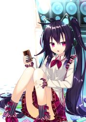 Rule 34 | 1girl, animal ear headphones, axent wear, black hair, cassette player, cassette tape, cat ear headphones, fake animal ears, headphones, long hair, looking at viewer, nyori, open mouth, original, purple eyes, sitting, solo, twintails