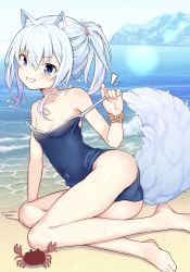 Rule 34 | 1girl, absurdres, ai cao, animal, animal ear fluff, animal ears, arm support, bare arms, bare legs, bare shoulders, barefoot, bird, blue eyes, blue one-piece swimsuit, blue sky, blush, breasts, brown scrunchie, cleavage, collarbone, commentary request, crab, day, grey hair, grin, hair between eyes, highres, horizon, long hair, looking at viewer, notice lines, ocean, one-piece swimsuit, original, outdoors, ponytail, pulled by self, school swimsuit, scrunchie, sky, small breasts, smile, solo, strap pull, swimsuit, tail, water, wrist scrunchie
