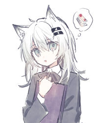 Rule 34 | 1girl, animal ear fluff, animal ears, arknights, bad id, bad pixiv id, black jacket, blush, book, collared shirt, fang, green eyes, hair between eyes, hair ornament, hairclip, hand up, highres, holding, holding book, jacket, lappland (arknights), long sleeves, looking at viewer, parted lips, red medicine, scar, scar across eye, scar on face, shirt, simple background, solo, spoken food, thought bubble, upper body, white background, white hair, white shirt