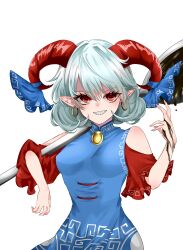 Rule 34 | 1girl, 2dio9gwjal28761, absurdres, blue bow, blue dress, bow, breasts, commentary request, cowboy shot, crude oil, detached sleeves, dress, earrings, grey hair, grin, hair between eyes, highres, horizontal pupils, horn bow, horn ornament, horns, jewelry, looking at viewer, meandros, medium bangs, medium breasts, medium hair, oversized object, patterned clothing, pointy ears, rectangular pupils, red eyes, red horns, red sleeves, sharp teeth, simple background, smile, solo, spoon, teeth, touhou, toutetsu yuuma, white background