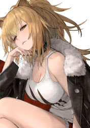 Rule 34 | 1girl, animal ears, arknights, black choker, black jacket, black nails, breasts, brown eyes, brown hair, choker, cleavage, closed mouth, commentary request, cropped legs, fingernails, fur-trimmed jacket, fur trim, head rest, highres, io (io oekaki), jacket, large breasts, lion ears, lion girl, long hair, looking at viewer, nail polish, open clothes, open jacket, ponytail, siege (arknights), simple background, single bare shoulder, solo, studded choker, tank top, thighs, white background, white tank top