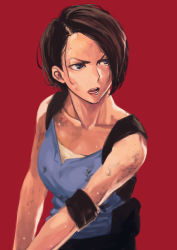 Rule 34 | 1girl, blue eyes, blue shirt, brown hair, dirty, dirty clothes, dirty face, highres, jill valentine, open mouth, pouch, red background, resident evil, resident evil 3, resident evil 3: nemesis, resident evil 3 (remake), shirt, short hair, simple background, solo, tanx3838, white shirt