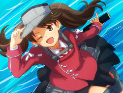 Rule 34 | 10s, 1girl, :d, ;d, @@@, bad id, bad pixiv id, boots, brown eyes, brown hair, fang, food, hat, kantai collection, long hair, long sleeves, looking at viewer, magatama, makizushi, ocean, one eye closed, open mouth, personification, ryuujou (kancolle), scroll, skirt, smile, solo, sushi, thigh boots, thighhighs, twintails, visor cap, water, waves, zettai ryouiki
