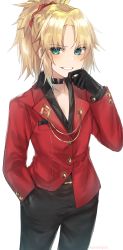 Rule 34 | 1girl, :d, absurdres, aiguillette, alternate costume, black choker, black gloves, black pants, blonde hair, blush, breast pocket, choker, collarbone, cowboy shot, fate/grand order, fate (series), gloves, green eyes, hand in pocket, hand on own chin, highres, jacket, kanniiepan, long hair, long sleeves, looking at viewer, mordred (fate), mordred (fate/apocrypha), open mouth, pants, parted bangs, pocket, ponytail, red jacket, sidelocks, simple background, smile, solo, v-shaped eyebrows, white background