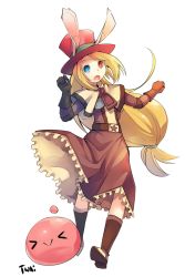 Rule 34 | &gt; &lt;, 1girl, animal ears, blonde hair, blue eyes, brown capelet, brown dress, brown gloves, capelet, chest guard, commentary, dress, english commentary, frilled dress, frills, full body, gloves, hat, heterochromia, long hair, looking at viewer, low-tied long hair, open mouth, poring, rabbit ears, ragnarok online, red eyes, red hat, simple background, swordsman (ragnarok online), top hat, transparent background, twai
