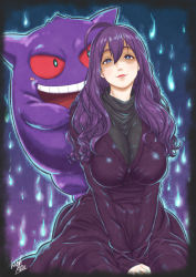 Rule 34 | + +, 1girl, ahoge, alternate breast size, breasts, bunny ayumi, commentary request, cosplay, creatures (company), dress, game freak, gen 1 pokemon, gengar, hair between eyes, hands on lap, hex maniac (pokemon), hex maniac (pokemon) (cosplay), highres, hitodama, kudoo atsu, large breasts, long dress, long hair, looking at viewer, messy hair, nintendo, pokemon, pokemon xy, purple eyes, real life, signature, smile, turtleneck, wavy hair
