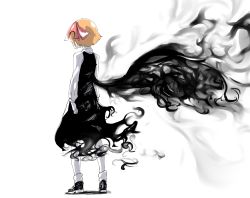 Rule 34 | 1girl, arms at sides, black dress, blonde hair, dress, facing away, from behind, hair ornament, highres, long sleeves, reiga (act000), rumia, shoes, short hair, socks, solo, spot color, standing, touhou, wings