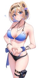 Rule 34 | 1girl, ?, bikini, black hairband, blonde hair, blue bikini, blue eyes, blue hair, blue scrunchie, breasts, cleavage, colored inner hair, commentary request, crossed bangs, floral print, flower, hair between eyes, hair flower, hair ornament, hairband, halterneck, heart, heart hands, highres, jewelry, looking at viewer, medium breasts, morros, multicolored hair, navel, necklace, original, print hairband, scrunchie, short hair, simple background, standing, string bikini, sunflower, sunflower hair ornament, sunflower print, swimsuit, thighs, white background, wrist scrunchie