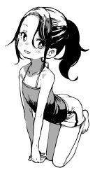 Rule 34 | 1girl, :d, absurdres, bare arms, bare shoulders, barefoot, blush, camisole, collarbone, commentary request, forehead, greyscale, highres, kneeling, looking at viewer, monochrome, open mouth, original, parted bangs, ponytail, short shorts, shorts, sidelocks, simple background, smile, solo, white background, yamamoto souichirou
