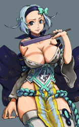 Rule 34 | 10s, 1girl, bad id, bad pixiv id, bare shoulders, blade &amp; soul, blue eyes, blue hair, bow, breasts, cleavage, cowboy shot, detached sleeves, facing viewer, folding fan, grey background, grey thighhighs, hair bow, hairband, hand fan, jin (blade &amp; soul), julia (blade &amp; soul), juliya, large breasts, looking at viewer, no bra, raised eyebrow, revealing clothes, short hair, simple background, skindentation, smile, solo, soojie roh, standing, thighhighs