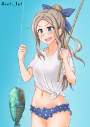 Rule 34 | 1girl, alternate costume, alternate hairstyle, anti (untea9), asakaze (kancolle), blue background, blue eyes, blue shorts, casual, commentary request, cowboy shot, fish, fishing rod, forehead, gradient background, highres, kantai collection, light brown hair, long hair, parted bangs, polka dot, polka dot shorts, ponytail, shirt, short shorts, shorts, sidelocks, solo, t-shirt, tied shirt, twitter username, wavy hair, white shirt