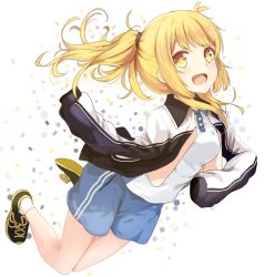 Rule 34 | 1girl, :d, bad id, bad pixiv id, beifeng han, blonde hair, cyou shigen, jacket, long hair, looking at viewer, open mouth, original, shoes, shorts, smile, sneakers, solo, track jacket, yellow eyes