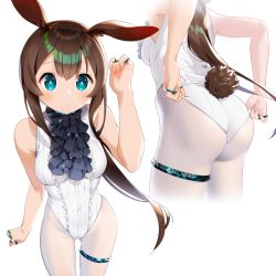 Rule 34 | 1girl, adapted costume, adjusting clothes, adjusting leotard, amiya (arknights), animal ears, arknights, arm at side, ass, ass focus, bare shoulders, black neckwear, blush, breasts, brown hair, center frills, close-up, closed mouth, commentary request, covered navel, cowboy shot, fine fabric emphasis, frills, from behind, gluteal fold, green eyes, hair between eyes, hand up, highleg, highleg leotard, highres, jewelry, leotard, leotard pull, leotard tug, long hair, looking at viewer, lower body, medium breasts, multiple rings, pantyhose, ponytail, rabbit ears, rabbit girl, rabbit tail, ring, shikaemon, simple background, small breasts, solo, standing, tail, thigh strap, thighs, very long hair, wedgie, white background, white leotard