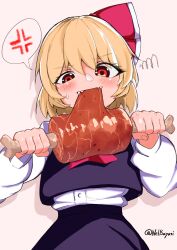 Rule 34 | 1girl, absurdres, anger vein, blonde hair, blush, boned meat, bow, eating, food, hair bow, highres, holding, holding food, long sleeves, meat, red eyes, rumia, sharp teeth, shin rin, short hair, solo, spoken anger vein, sweat, teeth, touhou