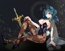 Rule 34 | 1girl, :o, alternate costume, animal ears, black background, black footwear, black leotard, blue eyes, blue hair, breasts, brown pantyhose, byleth (female) (fire emblem), byleth (fire emblem), coat, commentary request, detached collar, fake animal ears, fake tail, fire emblem, fire emblem: three houses, full body, grey coat, hair between eyes, hair ornament, hand on own knee, high heels, knee up, large breasts, leaning back, legs, leotard, light blush, long hair, looking at viewer, navel, nintendo, open hands, open mouth, pantyhose, playboy bunny, rabbit ears, rabbit tail, sitting, solo, strapless, strapless leotard, sword, tail, weapon, wrist cuffs, yomusugara (uzo-muzo)