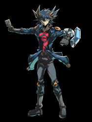 Rule 34 | 1boy, belt, black background, black hair, black shirt, blonde hair, blue jacket, boots, brown gloves, card, clenched hand, duel disk, facial mark, fudo yusei, full body, gloves, highres, holding, holding card, jacket, looking at viewer, male focus, medium hair, multicolored hair, open clothes, open jacket, pants, purple eyes, red shirt, shirt, solo, spiked hair, standing, trading card, two-tone hair, vincent graphic art, yu-gi-oh!, yu-gi-oh! 5d&#039;s