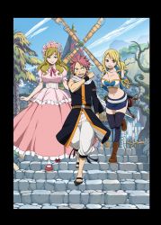 Rule 34 | 1boy, 2girls, blonde hair, blue eyes, breasts, brown eyes, dress, fairy tail, highres, imitatia (fairy tail), large breasts, lucy heartfilia, michelle lobster, midriff, multiple girls, natsu dragneel, official art, pink hair, stairs, tattoo, whip, windmill