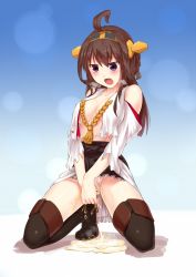 Rule 34 | 10s, 1girl, ahoge, bad id, bad pixiv id, boots, brown hair, fang, hair ornament, hairband, kantai collection, kongou (kancolle), long hair, long sleeves, nontraditional miko, panties, pee, peeing, peeing self, purple eyes, solo, thigh boots, thighhighs, torn clothes, underwear, wet, wet clothes, wet panties, white panties, wide sleeves, yonaga (masa07240)