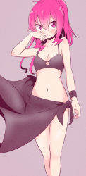 Rule 34 | 1girl, bikini, black bikini, black bra, bra, breasts, cleavage, grace (sound voltex), hand to own mouth, highres, long hair, navel, pink eyes, pink hair, side-tie skirt, small breasts, solo, sound voltex, stomach, swimsuit, underwear, wristband