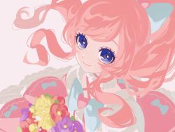 Rule 34 | 1girl, ao (ao0 0nemu), bad id, bad twitter id, blue eyes, bouquet, bow, commentary request, dress, flower, hair bow, highres, holding, holding bouquet, kiratto pri chan, long hair, looking at viewer, momoyama mirai, pink dress, pink hair, ponytail, pretty series, purple flower, sidelocks, smile, solo, yellow flower
