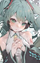 Rule 34 | 1girl, absurdres, aqua eyes, aqua hair, aqua nails, bare shoulders, black sleeves, commentary, detached sleeves, eighth note, fingernails, hatsune miku, headset, highres, holding puzzle piece, jigsaw puzzle, long hair, looking at viewer, musical note, nail polish, parted lips, puzzle, puzzle piece, shirt, sleeveless, sleeveless shirt, solo, tsune (tune), twintails, upper body, vocaloid