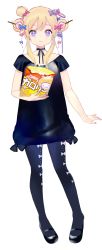 Rule 34 | 1girl, absurdres, arm at side, atsumi jun, bag of chips, black choker, black dress, black footwear, black pantyhose, black ribbon, blonde hair, bow, candy, candy hair ornament, chips (food), choker, closed mouth, double bun, dress, fingernails, food, food-themed hair ornament, full body, hair bun, hair ornament, highres, holding, lollipop, looking at viewer, nail polish, neck ribbon, original, pantyhose, pigeon-toed, purple bow, purple eyes, purple nails, red bow, ribbon, ribbon choker, shoes, short sleeves, simple background, solo, symbol-shaped pupils, white background