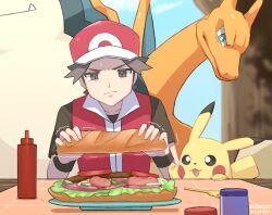 Rule 34 | 1boy, brown eyes, brown hair, brown shirt, charizard, closed mouth, commentary, creatures (company), dated, day, food, frown, game freak, gen 1 pokemon, hat, holding, holding food, jacket, ketchup bottle, lettuce, looking down, male focus, miicheer, nintendo, outdoors, pikachu, pokemon, pokemon (creature), pokemon frlg, red (pokemon), red headwear, sandwich, shirt, short hair, short sleeves, sleeveless, sleeveless jacket, snorlax, sweat, t-shirt, table, tablecloth, tomato, tomato slice, trembling, wristband