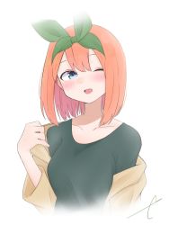 Rule 34 | 1girl, ;d, blouse, blush, breasts, brown jacket, collarbone, commentary request, eyebrows hidden by hair, go-toubun no hanayome, green ribbon, green shirt, hair between eyes, hair ribbon, hand up, head tilt, highres, hood, hood down, hooded jacket, jacket, kujou karasuma, long sleeves, looking at viewer, medium breasts, nakano yotsuba, off shoulder, one eye closed, open clothes, open jacket, open mouth, orange hair, ribbon, shirt, signature, simple background, smile, solo, white background