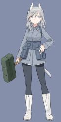 Rule 34 | 1girl, animal ears, aurora e. juutilainen, black pantyhose, blue background, blue theme, boots, explosive, grenade, grey eyes, grey hair, hand on own hip, kasapanos, military, military uniform, pantyhose, satchel charge, shimada fumikane, short hair, smile, solo, strike witches, strike witches: aurora no majo, uniform, weapon, world witches series